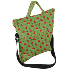 Juicy Slices Of Watermelon On A Green Background Fold Over Handle Tote Bag by SychEva