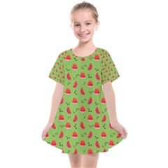 Juicy Slices Of Watermelon On A Green Background Kids  Smock Dress by SychEva