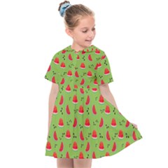 Juicy Slices Of Watermelon On A Green Background Kids  Sailor Dress by SychEva