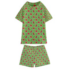 Juicy Slices Of Watermelon On A Green Background Kids  Swim Tee And Shorts Set by SychEva