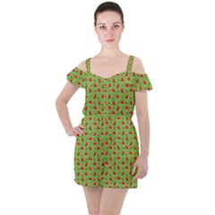 Juicy Slices Of Watermelon On A Green Background Ruffle Cut Out Chiffon Playsuit by SychEva