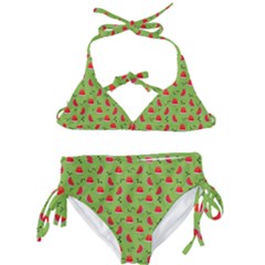 Juicy Slices Of Watermelon On A Green Background Kids  Classic Bikini Set by SychEva