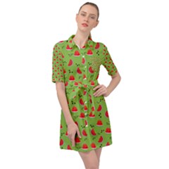 Juicy Slices Of Watermelon On A Green Background Belted Shirt Dress by SychEva