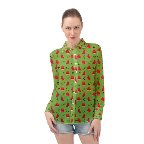 Juicy Slices Of Watermelon On A Green Background Long Sleeve Chiffon Shirt by SychEva