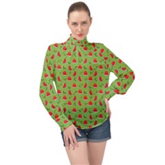 Juicy Slices Of Watermelon On A Green Background High Neck Long Sleeve Chiffon Top by SychEva