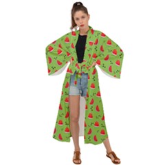 Juicy Slices Of Watermelon On A Green Background Maxi Kimono by SychEva