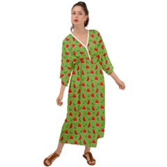 Juicy Slices Of Watermelon On A Green Background Grecian Style  Maxi Dress by SychEva