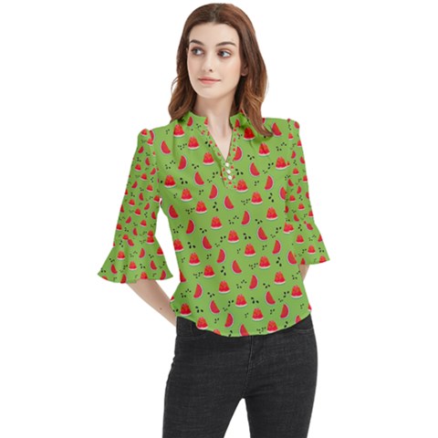 Juicy Slices Of Watermelon On A Green Background Loose Horn Sleeve Chiffon Blouse by SychEva