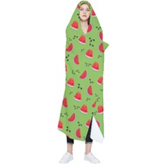 Juicy Slices Of Watermelon On A Green Background Wearable Blanket by SychEva