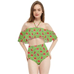 Juicy Slices Of Watermelon On A Green Background Halter Flowy Bikini Set  by SychEva