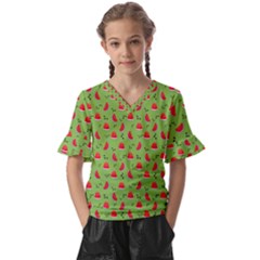 Juicy Slices Of Watermelon On A Green Background Kids  V-neck Horn Sleeve Blouse by SychEva