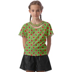 Juicy Slices Of Watermelon On A Green Background Kids  Front Cut Tee by SychEva