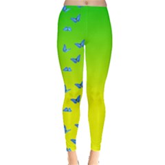 Blue Butterflies At Yellow And Green, Two Color Tone Gradient Leggings  by Casemiro