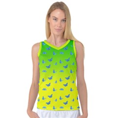 Blue Butterflies At Yellow And Green, Two Color Tone Gradient Women s Basketball Tank Top by Casemiro