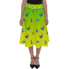Blue Butterflies At Yellow And Green, Two Color Tone Gradient Perfect Length Midi Skirt by Casemiro