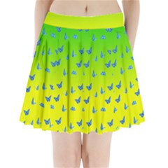 Blue Butterflies At Yellow And Green, Two Color Tone Gradient Pleated Mini Skirt by Casemiro