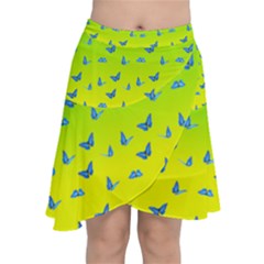 Blue Butterflies At Yellow And Green, Two Color Tone Gradient Chiffon Wrap Front Skirt by Casemiro
