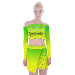 Blue Butterflies At Yellow And Green, Two Color Tone Gradient Off Shoulder Top With Mini Skirt Set by Casemiro