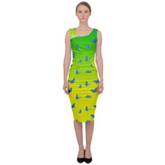 Blue Butterflies At Yellow And Green, Two Color Tone Gradient Sleeveless Pencil Dress by Casemiro