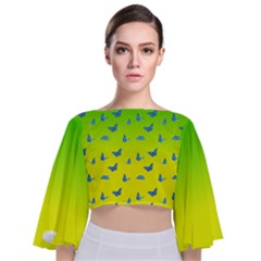 Blue Butterflies At Yellow And Green, Two Color Tone Gradient Tie Back Butterfly Sleeve Chiffon Top by Casemiro