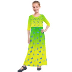 Blue Butterflies At Yellow And Green, Two Color Tone Gradient Kids  Quarter Sleeve Maxi Dress by Casemiro