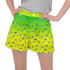 Blue Butterflies At Yellow And Green, Two Color Tone Gradient Ripstop Shorts by Casemiro