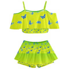 Blue Butterflies At Yellow And Green, Two Color Tone Gradient Kids  Off Shoulder Skirt Bikini by Casemiro