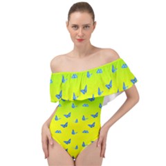 Blue Butterflies At Yellow And Green, Two Color Tone Gradient Off Shoulder Velour Bodysuit  by Casemiro