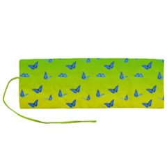 Blue Butterflies At Yellow And Green, Two Color Tone Gradient Roll Up Canvas Pencil Holder (m)