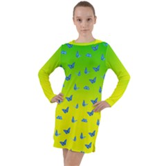 Blue Butterflies At Yellow And Green, Two Color Tone Gradient Long Sleeve Hoodie Dress by Casemiro