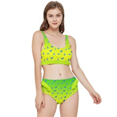 Blue Butterflies At Yellow And Green, Two Color Tone Gradient Frilly Bikini Set by Casemiro