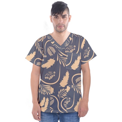 Folk Flowers Pattern  Men s V-neck Scrub Top by Eskimos