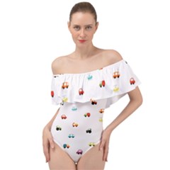 Cute Bright Little Cars Off Shoulder Velour Bodysuit  by SychEva