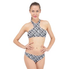 8 Bit Newspaper Pattern, Gazette Collage Black And White High Neck Bikini Set by Casemiro