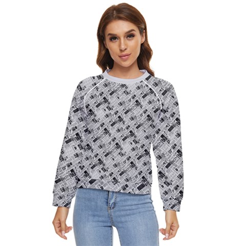 8 Bit Newspaper Pattern, Gazette Collage Black And White Women s Long Sleeve Raglan Tee by Casemiro