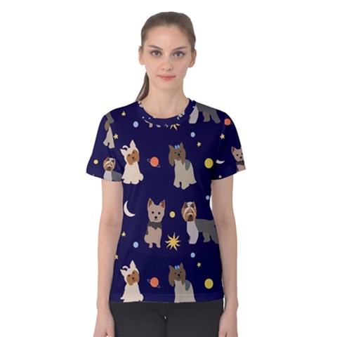 Terrier Cute Dog With Stars Sun And Moon Women s Cotton Tee by SychEva