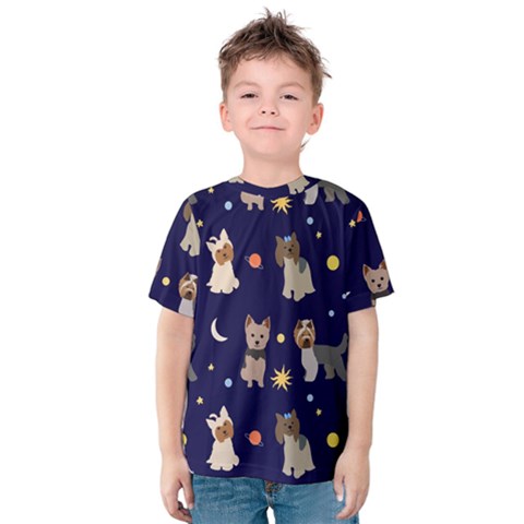 Terrier Cute Dog With Stars Sun And Moon Kids  Cotton Tee by SychEva