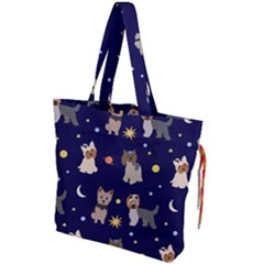 Terrier Cute Dog With Stars Sun And Moon Drawstring Tote Bag by SychEva