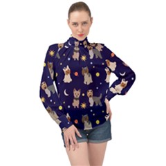 Terrier Cute Dog With Stars Sun And Moon High Neck Long Sleeve Chiffon Top by SychEva