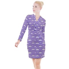 pug dog on a cloud Button Long Sleeve Dress