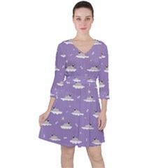 Pug Dog On A Cloud Quarter Sleeve Ruffle Waist Dress by SychEva