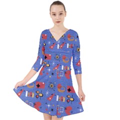 Blue 50s Quarter Sleeve Front Wrap Dress by InPlainSightStyle
