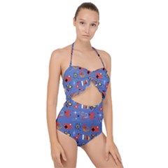 Blue 50s Scallop Top Cut Out Swimsuit