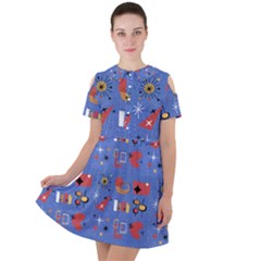 Blue 50s Short Sleeve Shoulder Cut Out Dress  by InPlainSightStyle