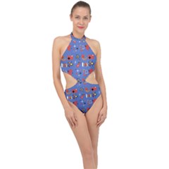 Blue 50s Halter Side Cut Swimsuit by InPlainSightStyle