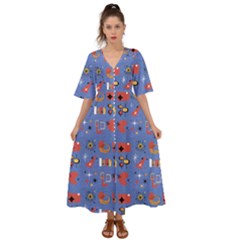 Blue 50s Kimono Sleeve Boho Dress