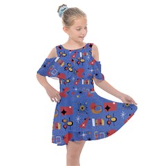Blue 50s Kids  Shoulder Cutout Chiffon Dress