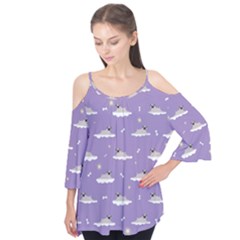 Cheerful Pugs Lie In The Clouds Flutter Sleeve Tee 