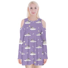 Cheerful Pugs Lie In The Clouds Velvet Long Sleeve Shoulder Cutout Dress