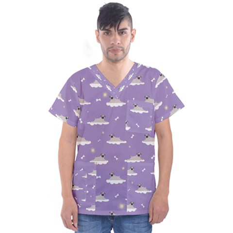 Cheerful Pugs Lie In The Clouds Men s V-neck Scrub Top by SychEva